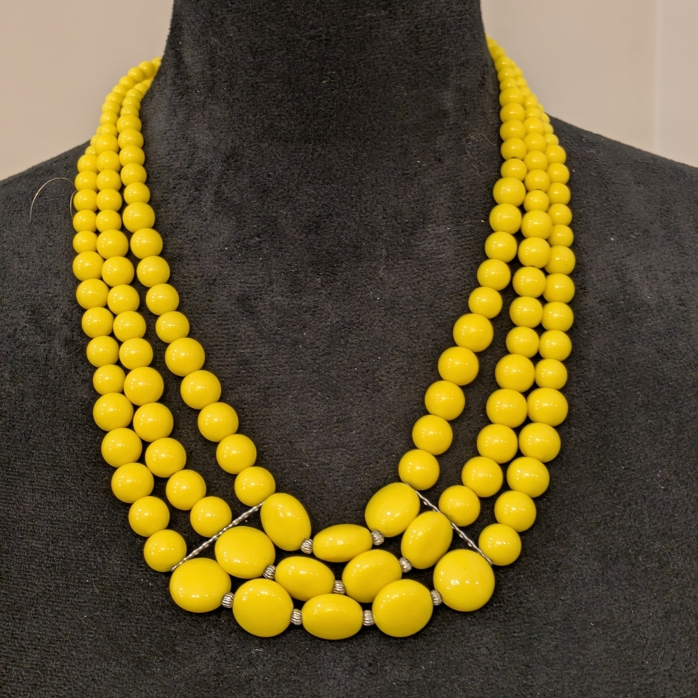 3 Layer Yellow Beads Signed "C" 22" In Length Necklace